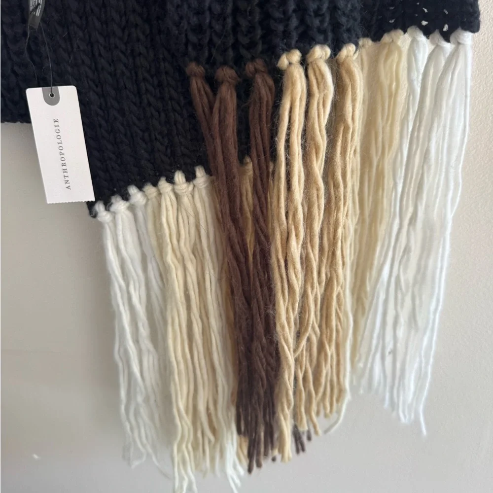 NWOT Anthropologie Chunky Knit‎ Scarf Black with Multicolor Fringe